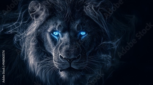 An abstract, glowing lion on a black background with glowing blue eyes
