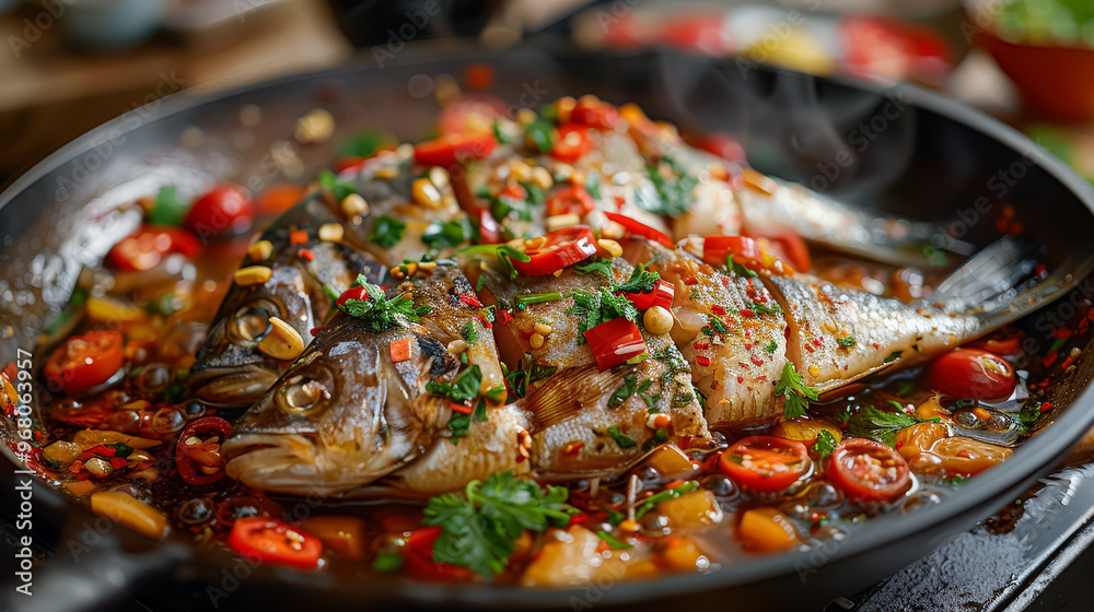 A plate of fish with a lot of spices and tomatoes A plate of fish with a lot of spices and tomatoes