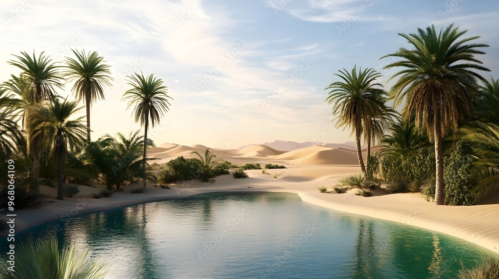 Fototapeta premium A serene desert oasis featuring lush palm trees and a tranquil pool of water surrounded by sandy dunes