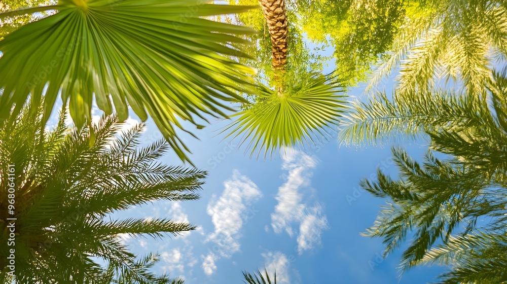 A close-up view of vibrant green foliage and water reflecting the bright blue sky in a desert oasis A close-up view of vibrant green foliage and water reflecting the bright blue sky in a desert oasis