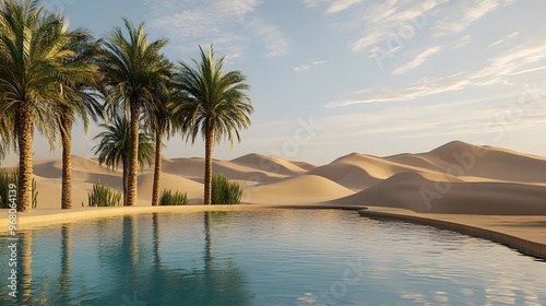 A serene desert oasis featuring lush palm trees and a tranquil pool of water surrounded by sandy dunes photo