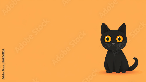 A cute black cat with bright orange eyes sits against vibrant orange background, perfect for Halloween themes and pet costume inspiration