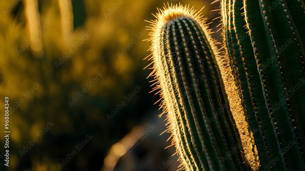 Naklejka premium A close-up of a Saguaro cactus standing tall in the Arizona desert, with the soft golden light of the evening illuminating its spines