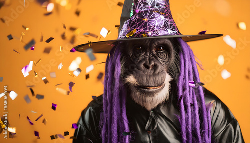 ape, halloween, in, costume, close up, part, witch, hat, confetti, card, creative, with, wearing, pet, animal, cartoon, carnival, dress, vector, magic, with, on, cool, ad, 3d, 1,  photo