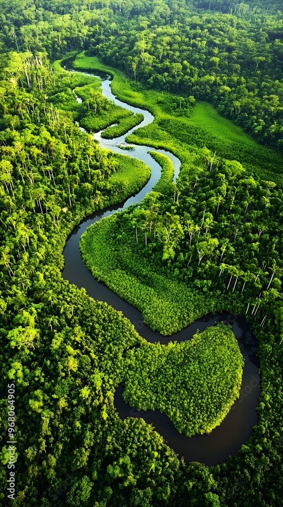 An aerial view of a lush tropical forest with winding rivers and patches of clearings, highlighting the biodiversity of the ecosystem An aerial view of a lush tropical forest with winding rivers and patches of clearings, highlighting the biodiversity of the ecosystem