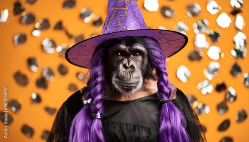 ape, halloween, in, costume, close up, part, witch, hat, confetti, card, creative, with, wearing, pet, animal, cartoon, carnival, dress, vector, magic, with, on, cool, ad, 3d, 1,  photo