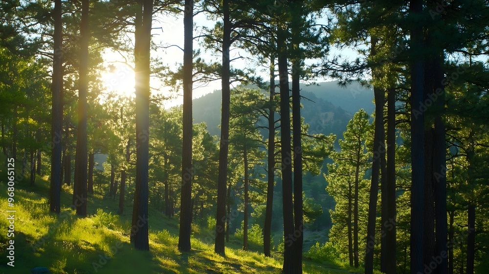 A tranquil mountain forest with tall pine trees, dappled sunlight filtering through the branches, and a serene atmosphere A tranquil mountain forest with tall pine trees, dappled sunlight filtering through the branches, and a serene atmosphere
