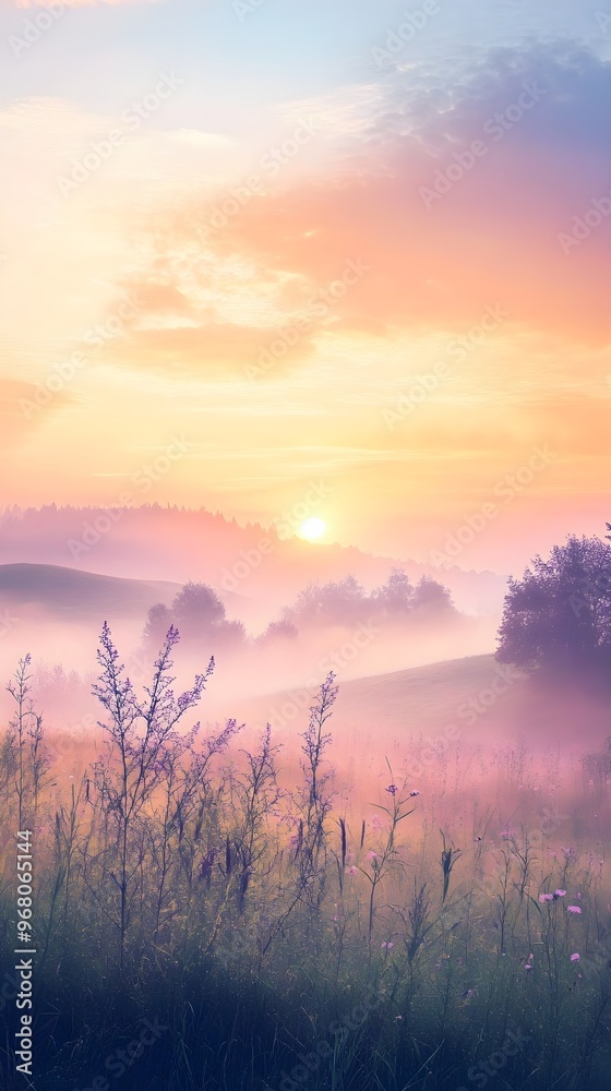 A serene landscape at sunrise, illustrating the concept of a new day and time with soft, warm colors in the sky A serene landscape at sunrise, illustrating the concept of a new day and time with soft, warm colors in the sky