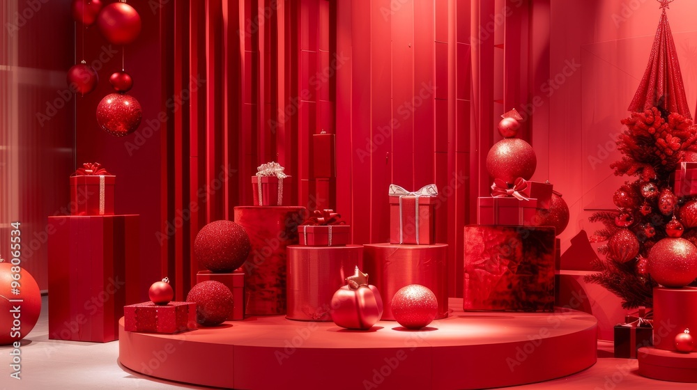 red christmas background for product presentation with geometric podiums and christmas balls red christmas background for product presentation with geometric podiums and christmas balls