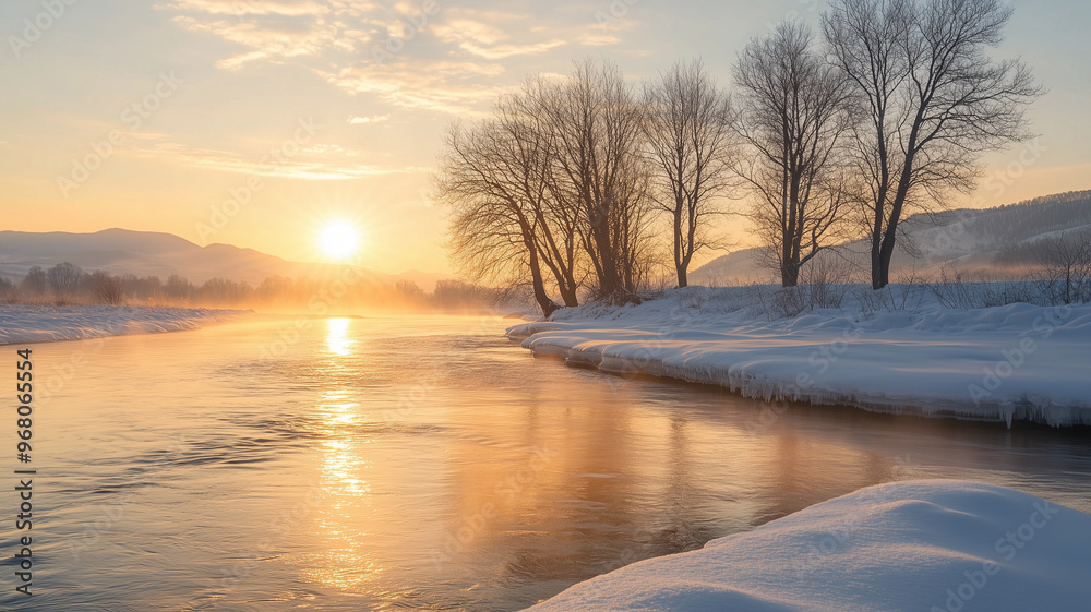 winter landscape during golden hour, river is gently flowing with reflection of the sun in water, some trees are standing on the riverbanks, in the background some mountains are visible. soft light, s winter landscape during golden hour, river is gently flowing with reflection of the sun in water, some trees are standing on the riverbanks, in the background some mountains are visible. soft light, s