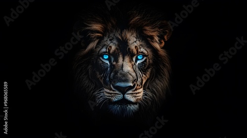 An abstract, glowing lion on a black background with glowing blue eyes