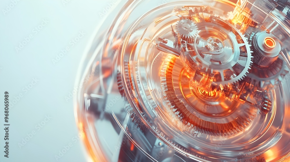 A sleek, futuristic time machine design with a transparent exterior, showcasing intricate gears and glowing circuits against a light solid color background A sleek, futuristic time machine design with a transparent exterior, showcasing intricate gears and glowing circuits against a light solid color background