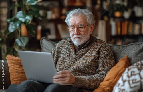 Elderly man using a laptop in home office, working online, focused and relaxed concept