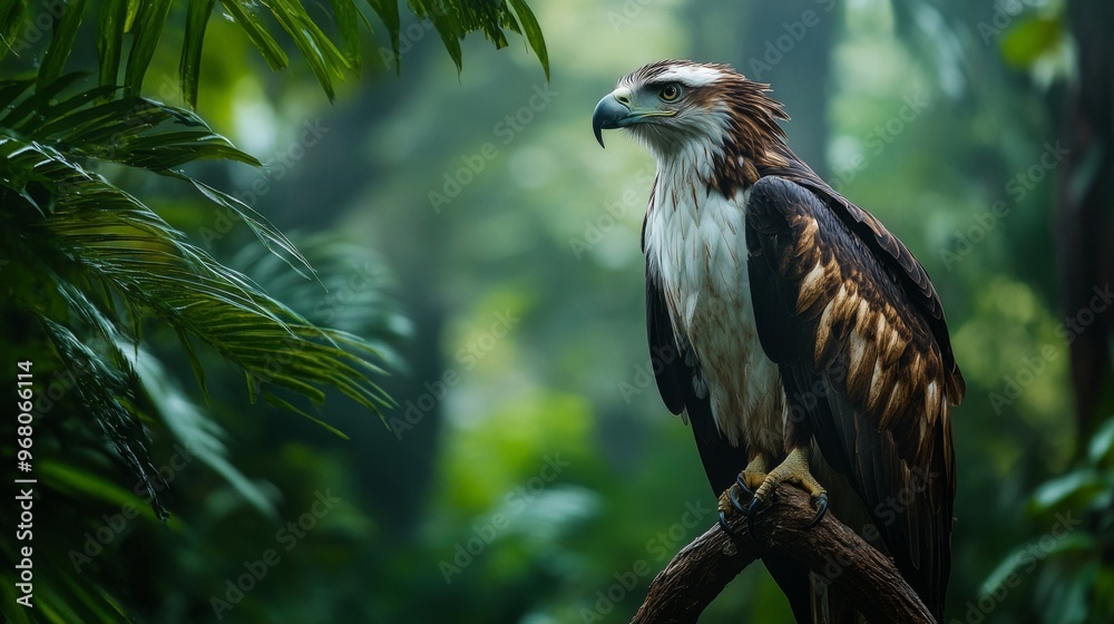 Majestic Eagle Perched on Branch in Lush Rainforest