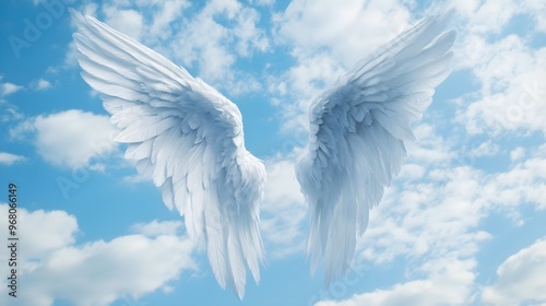 A pair of ethereal angel wings gently floating against a serene blue sky, with soft clouds in the background photo