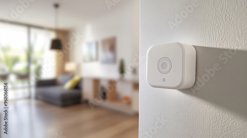 A modern motion sensor in action indoors can be used for a variety of applications. For example, it can be used to turn on lights automatically when someone enters a room, photo