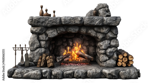 cement fireplace with warm, lively fire