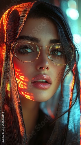 A mesmerizing close-up of a woman adorned with a glittering shawl and glasses, illuminated by sparkling lights, exuding an intense and dramatic expression, full of mystery and artistic flair. photo