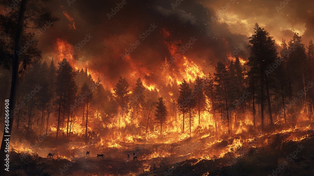 Forest Fire with Burning Trees, Generated AI Forest Fire with Burning Trees, Generated AI