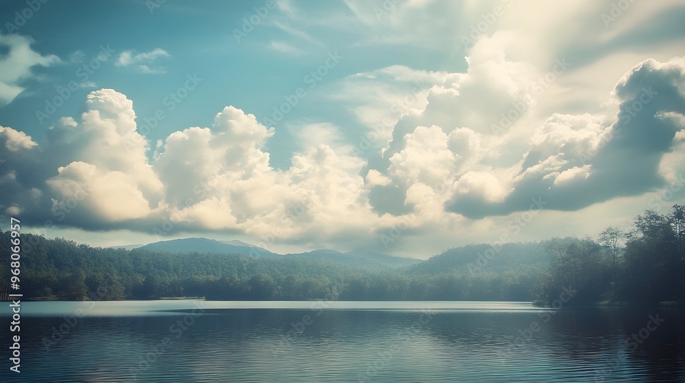 A serene landscape featuring soft clouds illuminated by sunlight, creating a heavenly atmosphere above a tranquil lake A serene landscape featuring soft clouds illuminated by sunlight, creating a heavenly atmosphere above a tranquil lake