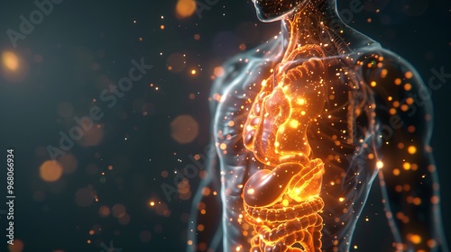 Human Torso with Glowing Transparent Skin Revealing the Digestive System, Generated AI