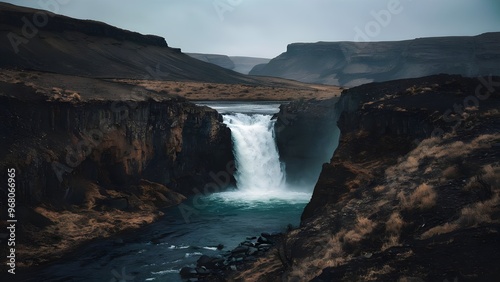 Dramatic Waterfall Plunging into a Rocky Gorge