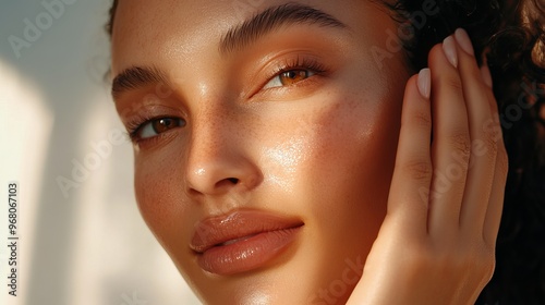 A radiant woman gently caresses her vibrant complexion, applying a nourishing skincare product. Close-up captures her flawless skin as she pampers it with essential hydration