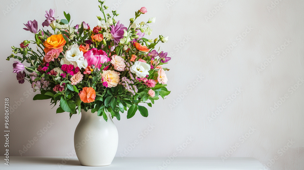 A vibrant bouquet of mixed flowers in an elegant white vase A vibrant bouquet of mixed flowers in an elegant white vase