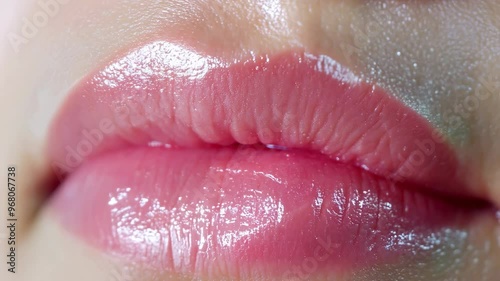 Extreme Close-Up: Woman's Glossy Pink Lips