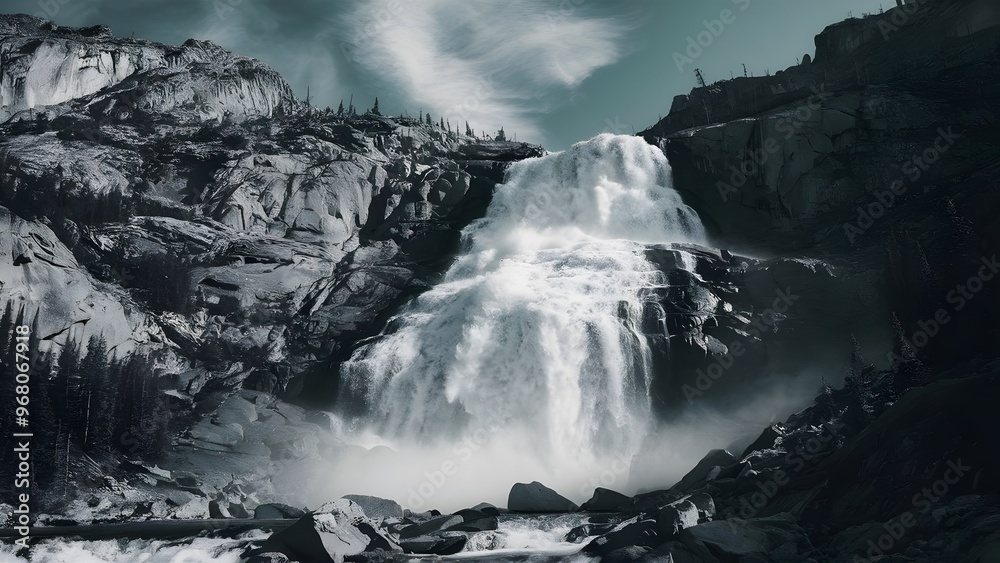 Majestic Waterfall Cascading Down a Rugged Rock Face Majestic Waterfall Cascading Down a Rugged Rock Face