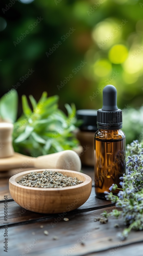 Herbal essential oil bottle and seeds on wooden table, green background Herbal essential oil bottle and seeds on wooden table, green background