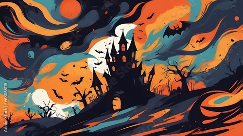Abstract expressionist interpretation of Halloween, energetic brushstrokes, bold colors, haunting mood perfect for Halloween