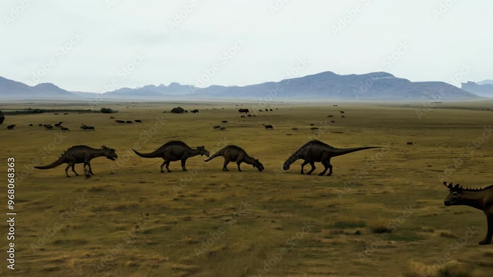 A herd of Triceratops grazing on an open plain, captured as the camera zooms out under ambient light against a vast savanna background A herd of Triceratops grazing on an open plain, captured as the camera zooms out under ambient light against a vast savanna background