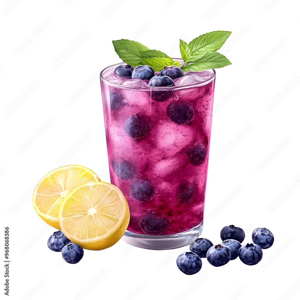 Refreshing Blueberry Lemonade Drink with Lemon Slice and Fresh Mint Leaves on Plain White Background