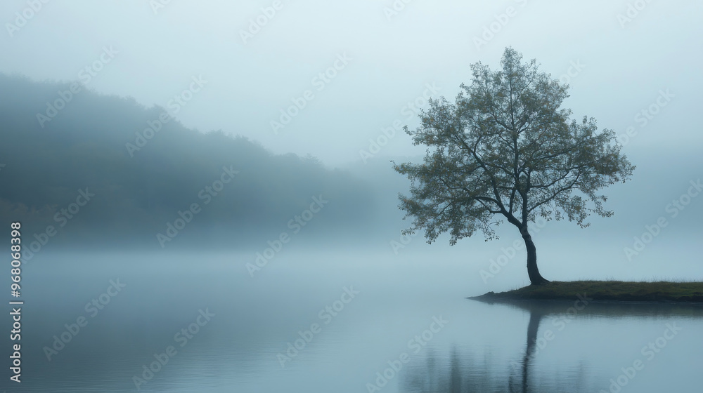 A tree stands tall, shrouded in morning mist, beside a calm lake. A tree stands tall, shrouded in morning mist, beside a calm lake.