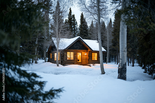 Cozy rustic cabin surrounded by a blanket of fresh winter snow, with a warm glow from the windows. Perfect for winter or cabin themes.