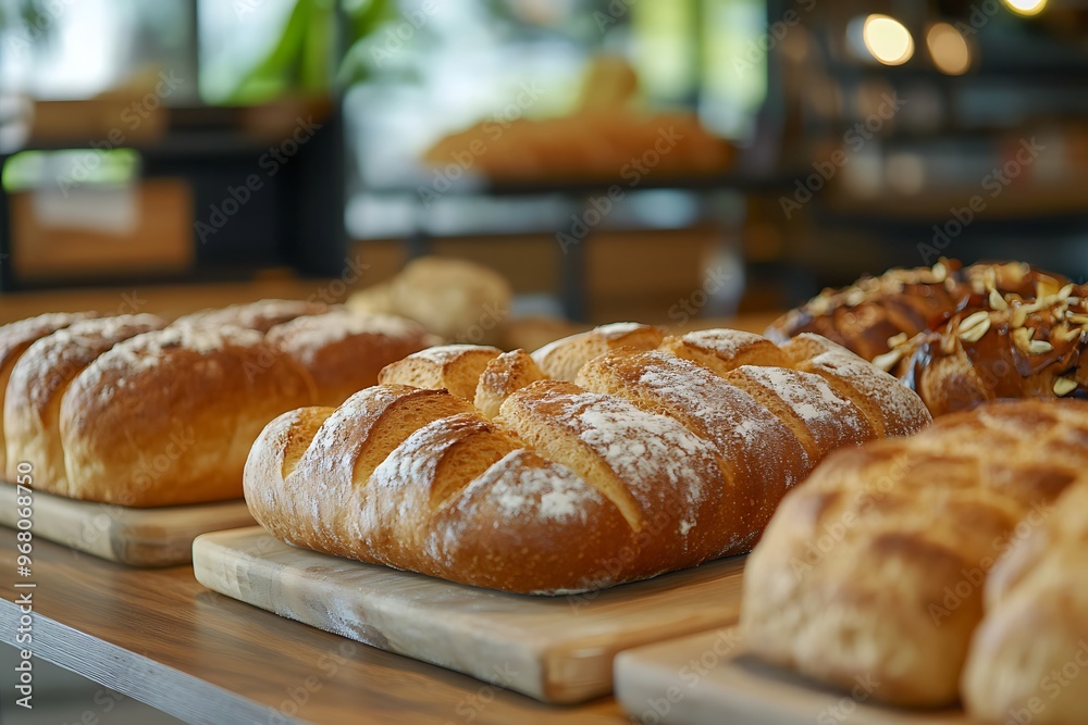 Freshly baked bread loaves cooling on wooden boards in bakery Freshly baked bread loaves cooling on wooden boards in bakery