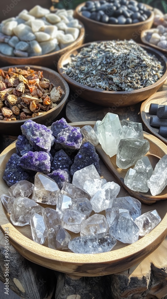 Assorted Quartz Crystals and Spices in Wooden Bowls on Rustic Table Assorted Quartz Crystals and Spices in Wooden Bowls on Rustic Table