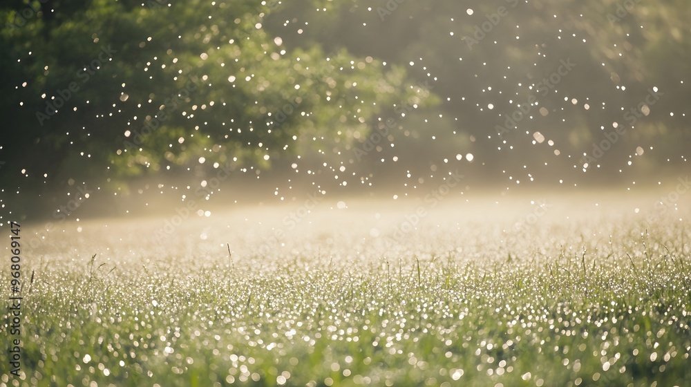 Obraz premium A serene landscape of a rain-soaked field, with droplets glistening on the grass, evoking a sense of tranquility and beauty
