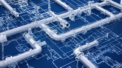 A detailed layout illustrates plumbing systems with interconnected pipes and fittings, highlighting engineering design concepts