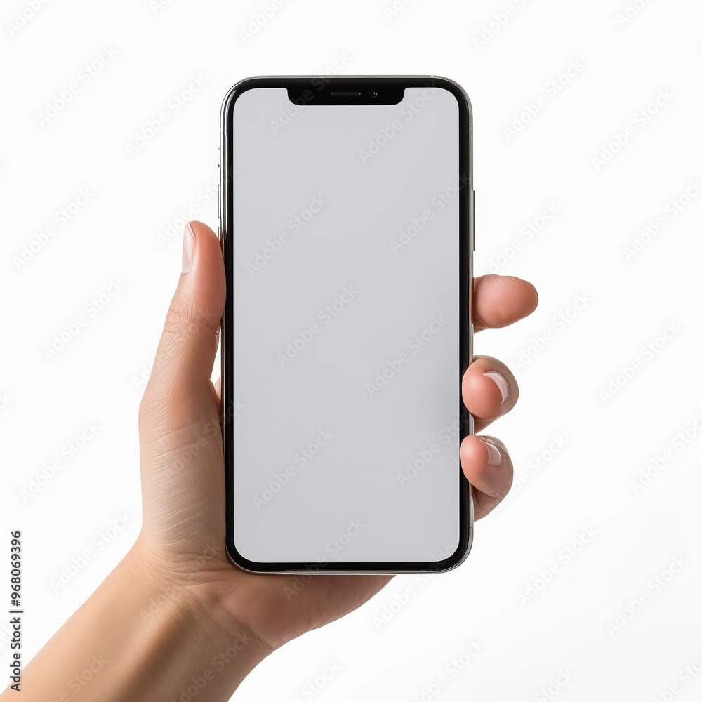 Hand Holding Blank Smartphone Screen Mockup Isolated on White Background, Generated AI Hand Holding Blank Smartphone Screen Mockup Isolated on White Background, Generated AI