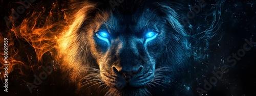 An abstract, glowing lion on a black background with glowing blue eyes