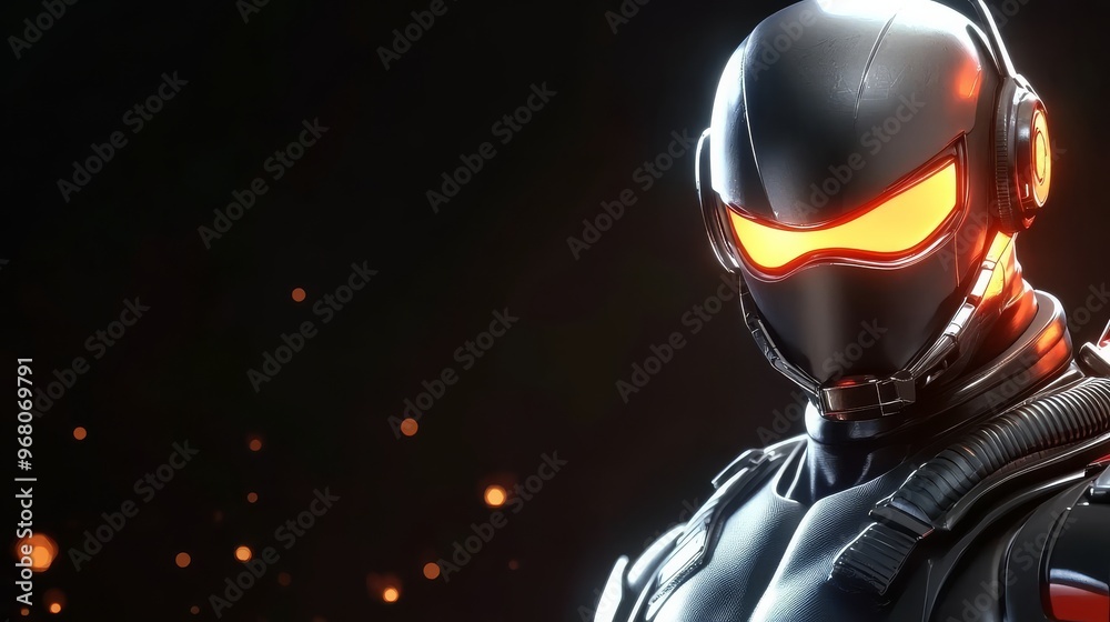 A sleek armored figure with glowing eyes prepares for an impending confrontation in darkness
