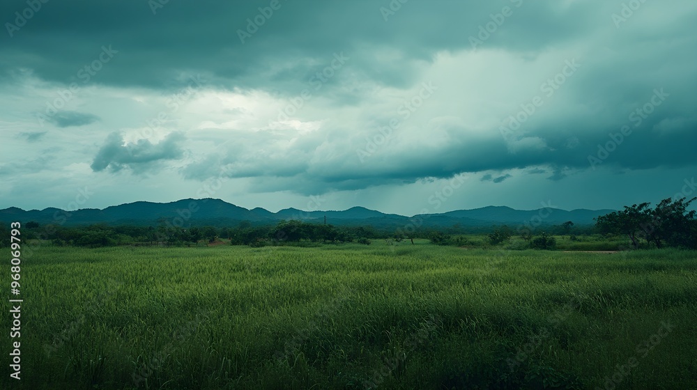 Fototapeta premium A serene landscape during the rainy season, featuring lush green fields under a cloudy sky, with ample copy space for text