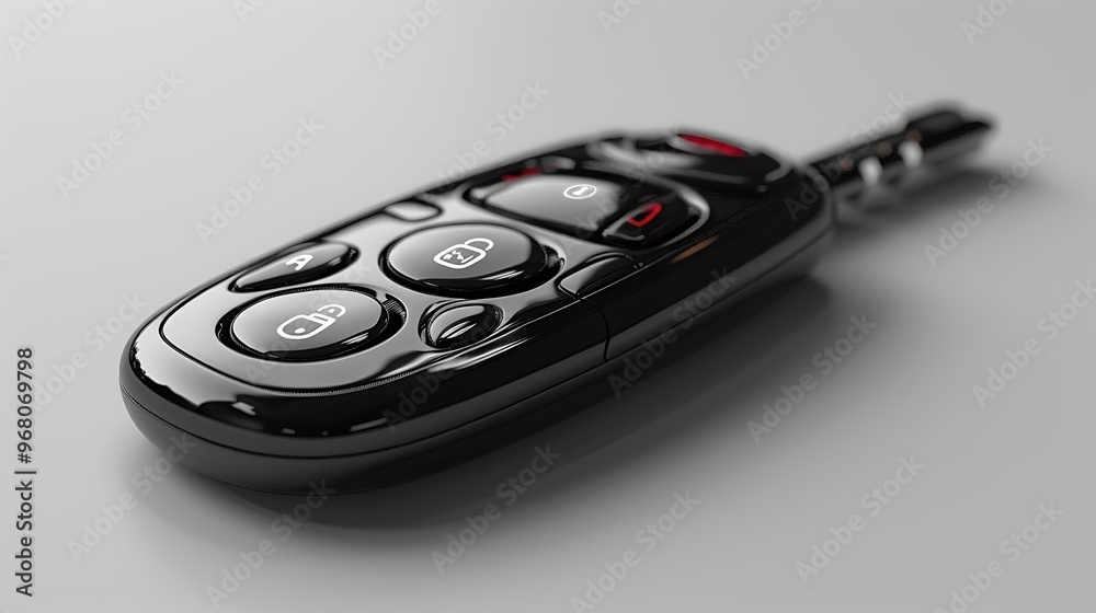 A modern car key fob with buttons clearly visible, perfectly isolated against a pure white background. A modern car key fob with buttons clearly visible, perfectly isolated against a pure white background.