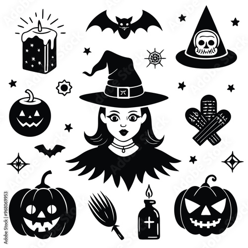 halloween set. pumpkin, skull, broom, headstone, spider, cobweb, crows, dead man's hand, witch hat, cauldron, bats. silhouette graphics. vector