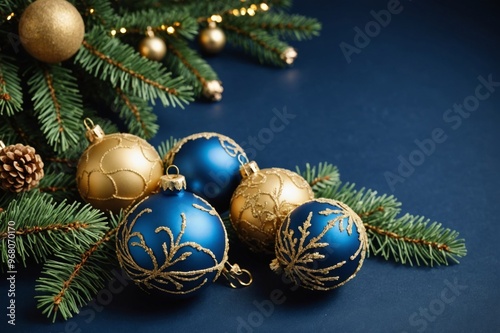 blue and gold christmas balls ornaments with fir branches on dark blue background photo