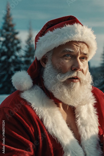 handsome caucasian elderly man with a white beard posing as santa claus against christmas bokeh background