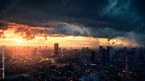 A scenic view of a heavy rainstorm over a city skyline, with dark clouds and splashes of water on the streets