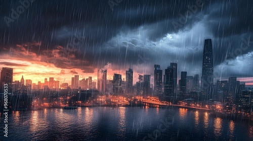 A scenic view of a heavy rainstorm over a city skyline, with dark clouds and splashes of water on the streets